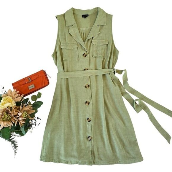 Zenobia Women's Mini Dress Size 1XL Light Green Button Down Sleeveless Tie Belt - Picture 1 of 16